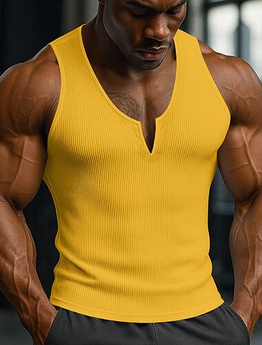  Voor heren Wafel Tanktop Singlet Hesje Onderhemd Mouwloos V-hals Zomer Effen Modieus Sportief Klassiek Casual Sportschool Straat Geel Top T-shirt voor mannen