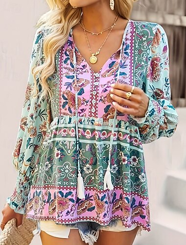  Dam Boho skjorta Blus Blomma Ledigt Boho Långärmad V-hals Vanliga toppar Helgdag Utekväll Mönster Grön Sommar