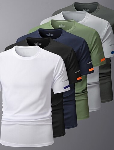  Camiseta deportiva para hombre, de secado rápido, cuello redondo, verano, color liso, manga corta, deportiva y para exteriores, informal, básica, fitness, uso diario, gris oscuro, blanco y negro.