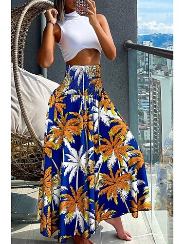  Women's Skirt Bohemia Casual Boho Maxi Mid Rise Skirts Floral Print Micro-elastic Vacation Going out Red Blue Purple Rose Red Summer Polyester