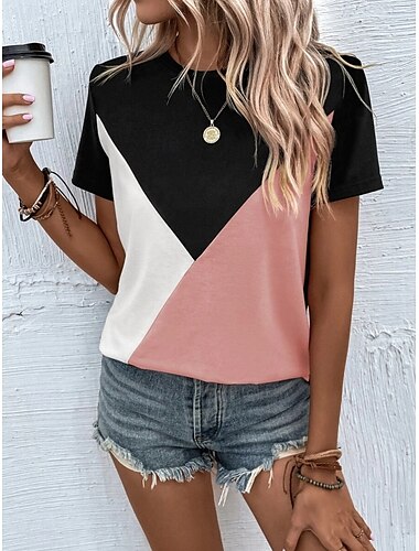  Women's Blouse Geometric Casual Beach Short Sleeve Crew Neck Regular Tops Daily Print Pink Fuchsia Green Gray Summer Spring