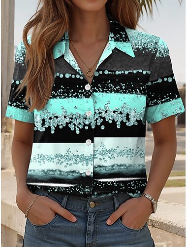  Damen Hemd Grafik Geometrisch Täglich Lässig Kurzarm Hemdkragen Normale Oberteile Täglich Rosa Blau Grün Sommer Frühling
