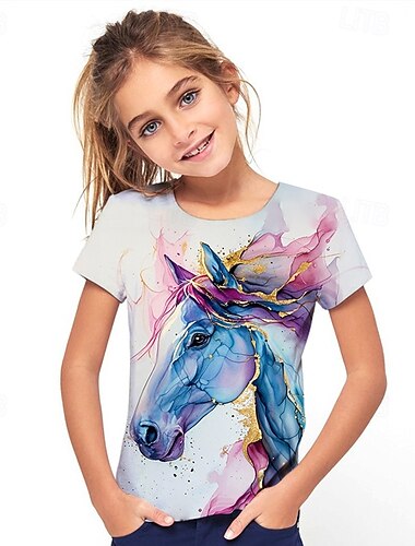  女の子 3D 馬 Tシャツ Ｔシャツ 半袖 夏 春 ファッション ベーシック 子供 4〜12年 クルーネック アウトドア カジュアル 日常 レギュラー