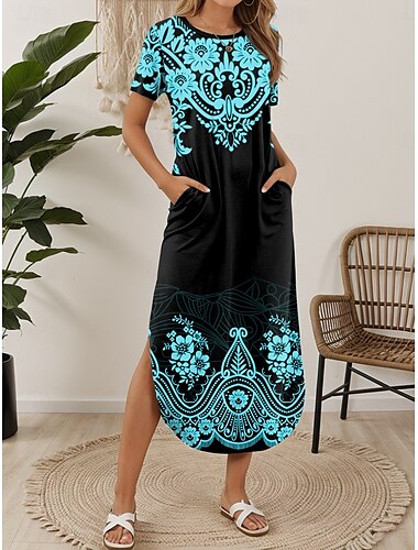  Damen Midikleid T-Shirt-Kleid Sommerkleid Lässig Täglich Normale Passform Grafik Stammes Kurzarm Rundhalsausschnitt Weiß Blau Purpur Sommer