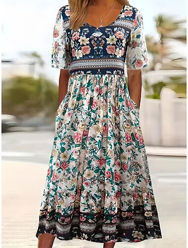  Femmes Robe Midi Robe Plissée Vacances Occasionnel Boho Sortir Plage Coupe régulière Fleuri Graphique Paisley Manche Courte Col Rond Bleu et blanc Bleu de minuit Été