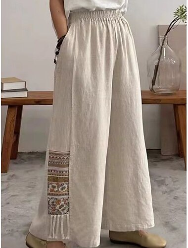  Frauen Boho-Hosen Weite Beine Unifarbene Chinos Urlaub Vintage Ethnischer Stil Lang Hohe Taille Schlicht Tasche Elastischer Bund Komfort Outdoor Mikro-elastisch Urlaub Straße Täglich