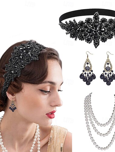  1920-talet Den store Gatsby Flapperpannband i tjugotalsstil Den store Gatsby Fjäder Kontor / företag Glittrande glitter Kristall / Strass Stenar Maskeradkläder Dam Karnival alla hjärtans dag Maskerad