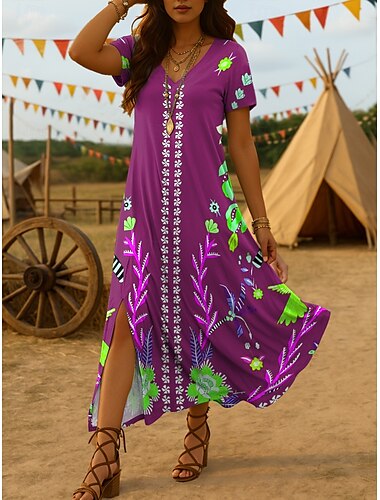  Damen Midikleid Sommerkleid A Linie Kleid Urlaub Lässig Strand Ausgehen Strand Lässiger Schnitt Blumen Grafik Abstrakt Kurzarm V Ausschnitt Rote Blau Purpur Grün Sommer Frühling
