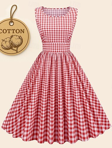  Retro Vintage Anos 50 Vestido antigo Vestido Coquetel Vestido swing Vestido Flare Xadrez Quadrados Xadrez Guingão Mulheres Baile de Máscaras Festa / Noite Festa de Solteira Adulto Vestido Vestidos de