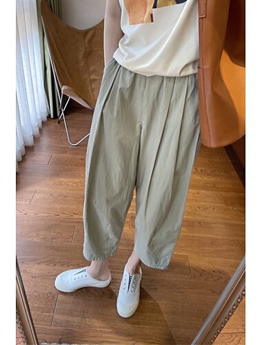  Mulheres Calças de linho de algodão Calças Roupa de rua Casual Comprimento total Natural Tecido Bolsos Cintura elástica Exterior Confortável Ao ar livre Para Noite Adamascado Verde Claro Azul Marinho