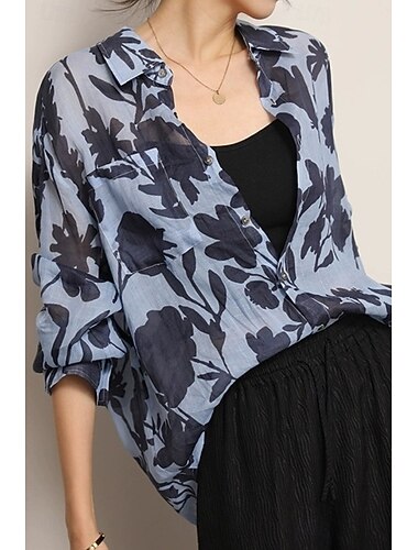  Per donna Camicia Abbottonare Camicia in cotone e lino Blusa Fiore Casual Manica Lunga Colletto a Camicia Top Regolari Quotidiano Ferie Stampato Blu Estate
