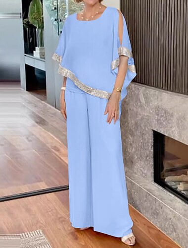  Zweiteilig Overall / Hosenanzug Brautmutterkleid Elegant Vintage Einfach Rundausschnitt Bodenlang Chiffon Halbarm mit Paillette 2025