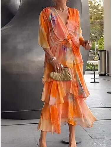  Damen Maxikleid A Linie Kleid Rüschenkleid Urlaub Lässig Outdoor Ausgehen Lässiger Schnitt Blumen Grafik Kurzarm V Ausschnitt Rote Blau Orange Sommer