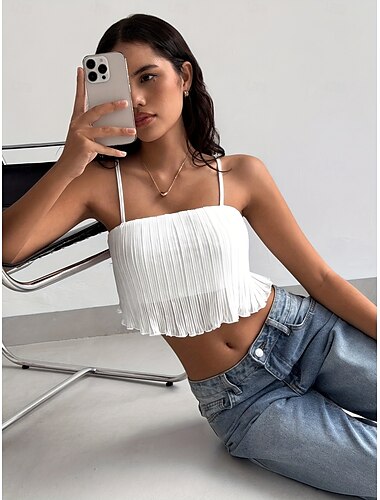  Damen Sommeroberteile Lässig Ärmellos Rundhals Crop Tops Täglich Wochenende Weiß Sommer