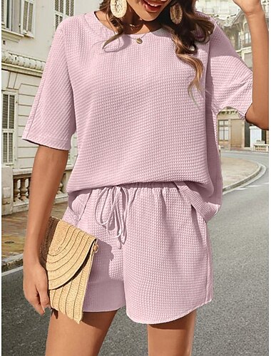  Damen 2 Teile Mode Streetwear Daily Shorts Sets Kurzarm Rundhals Grafisch Zugband Lässig Täglich Weiß Rosa Grün Sommer Normale Passform