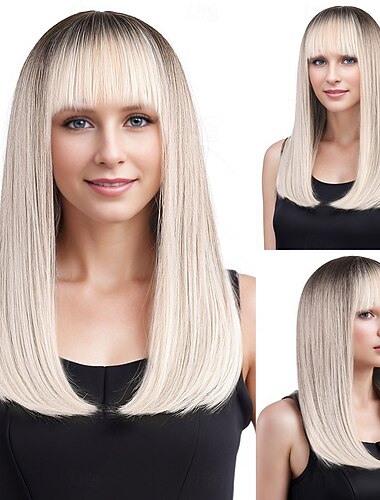  Synthetische pruiken Recht Kinky Recht Gelaagd kapsel Strakke pony Machinegemaakt Pruik 50.8 cm A1 Synthetisch haar Dames Zacht Klassiek Haar met highlights / balayage Wit