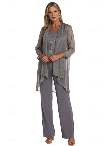  Σακάκι 3 Κομματιών Μητέρας της Νύφης Formal Elegant Crew Neck Floor Length Chiffon Long Sleeve Wrap Included Lace Cascading Ruffles Ruching