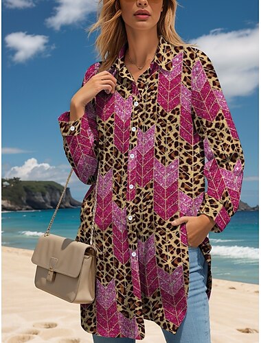  Femmes Robe Midi Robe T-Shirt Occasionnel Date Coupe Ample Graphique Léopard Géométrique manche longue Col de chemise Rose Claire Été Automne Hiver