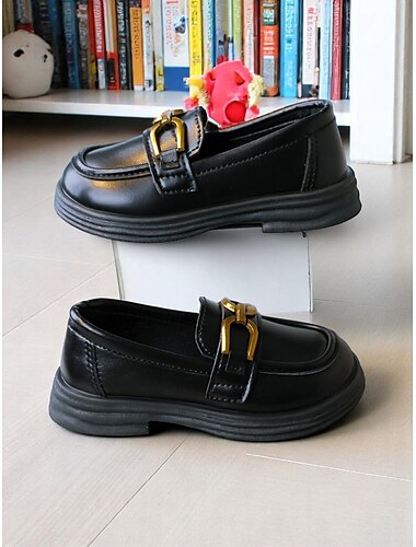  Schwarze Loafer aus Kunstleder mit goldener Schnalle für kleine Mädchen – klassische Schuluniform-Abendschuhe für Kinder