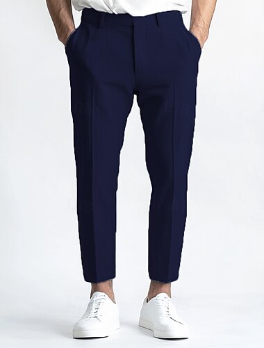  Herren Leinenhose Anzughose Sommerhose gerades Bein einfarbig atmungsaktiv lässig alltagstauglich Standard Passform schwarz weiß blau