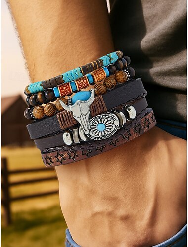  Bracciale da uomo in pelle con perline in stile western, incastonato con pietre turchesi, motivo a teschio di mucca, stile boho, per abbigliamento casual e outdoor