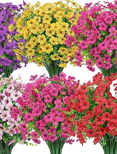  20 paquetes de flores artificiales para decoración de exteriores, flores de seda falsas resistentes a los rayos UV, plantas artificiales de margaritas y eucalipto para primavera, verano, jardín,