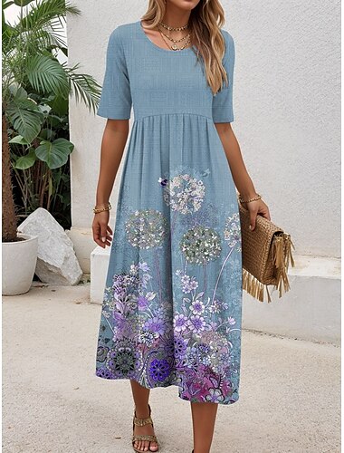  Damen Minikleid T-Shirt-Kleid A Linie Kleid Sommerkleid Urlaub Lässig Täglich Normale Passform Blumen Grafik Kurzarm Rundhalsausschnitt Blau Purpur Grün Sommer
