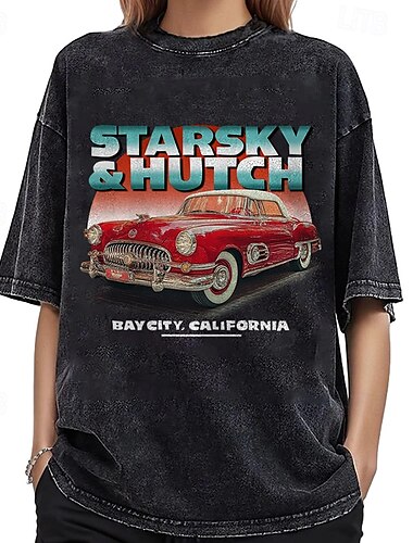  T-Shirt Übergroßes Acid-Wash-T-Shirt Retro Poster Retro-Mädchen Grafik Für Paar Herren Damen Erwachsene Maskerade Heißprägen Alltagstauglich