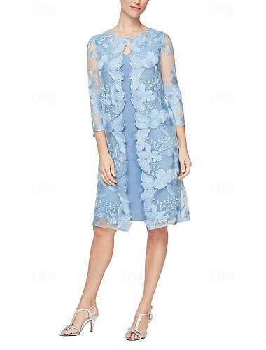  zweiteiliges Etuikleid/Säulenkleid für die Mutter der Braut, elegant, schlicht, Vintage, Rundhalsausschnitt, knielang, 3/4-Ärmel aus Spitze mit floraler Spitzenstickerei, Applikation 2025