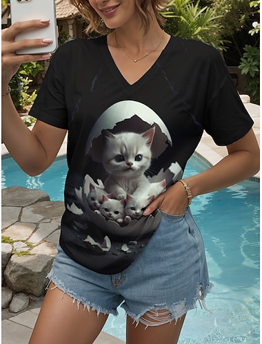  Mulheres Camiseta Gráfico Animal Gato Vintage à moda Clássico Manga Curta Decote V Tops regulares Diário Imprimir Preto Verão Primavera