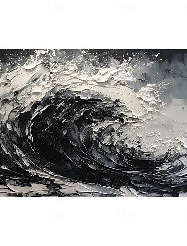  Pintura a óleo feita à mão em tela, arte de parede, decoração, espátula 3d, preto e branco, onda do mar, paisagem abstrata para decoração de casa, moldura esticada, pintura pendurada/pintura enrolada,