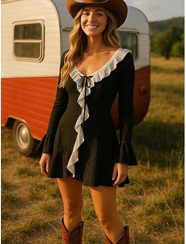 Robe Boho pour femmes Robe western Robe vintage Mini robe Robe évasée Robe à volants Casual Sortie Plage Coupe régulière Graphique Manches longues Décolleté en V Noir Été