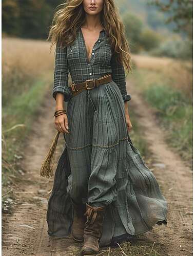  Dames Boho Jurk Western Jurk Vintage Midi Jurk Zomer Jurk Slips Jurk Vakantie Casual Boho Dagelijks Vakantie Uitgaan Losse Fit Geometrisch Lange Mouw Lapel Donkergroen Zomer Herfst