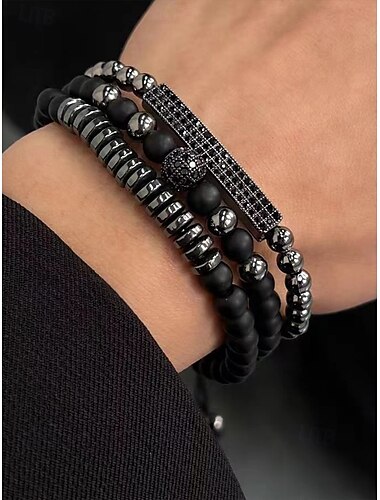  Schwarzes Perlenarmband-Set für Herren mit silbernen Akzenten – modischer Schmuck für legere und formelle Anlässe, perfekt als Geschenk