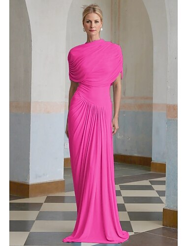  Babyblauwe Gele Kolom Avondjurk Elegante Jurk Formele Bruiloft Gast Vloerlange Korte Mouwen Hoge Hals Spandex met Ruchesjaal
