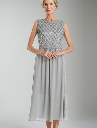  Vestido A-Line Madre de la Novia Vestido de Invitada de Boda Simple Minimalista Cuello Redondo Largo de Té Chifón Sin Mangas con Lentejuelas de Encaje