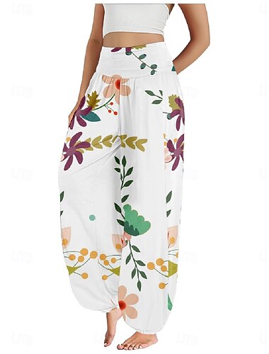  Damen Leinen-inspirierte Hosen Weites Bein Hosen Hose Ethno-Stil Lässig Boho Volle Länge Hohe Taille Blumen Tasche Elastischer Bund Drucken Atmungsaktivität Weich Mikroelastisch Outdoor Yoga Wei