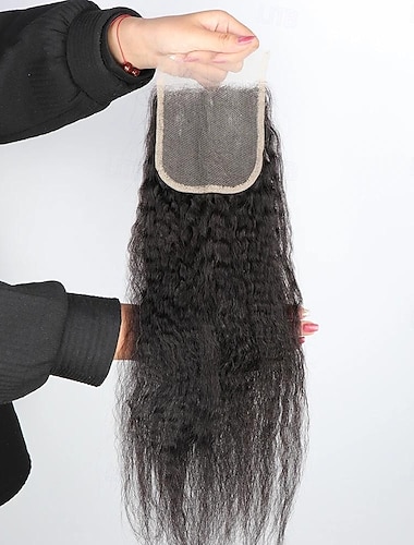  Cierre de encaje transparente liso afro rizado, solo cabello 100% humano, cierre de encaje recto Yaki peruano remy 4x4 para mujeres
