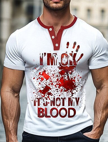  Voor heren Grappig Bloedvlekken I am OK T-shirt Henley-shirt Korte mouw Ontwerper Retro vintage Casual Straat Casual Dagelijks Zomer Lente Wit Henley Henley-T-shirt