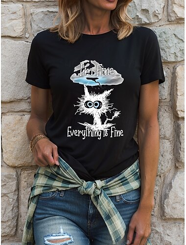  Damen T Shirt Baumwollhemd Grafik Katze Buchstabe Vintage Stilvoll Klassisch Kurzarm Rundhalsausschnitt Rundhals Normale Oberteile Täglich Druck Schwarz Weiß Grau Sommer