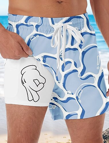  Herren Geometrisch Lustige Gesten Gefütterte Shorts 2 in 1 Badeshorts Badeshorts Mittlere Taille Hawaiianisch Urlaub Strandbekleidung Seitentaschen Mit Kompressionsfutter Elastischer Kordelzug in der