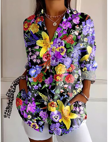  Damen Hemd Blumen Grafik Täglich Stilvoll Lässig Langarm Hemdkragen Normale Oberteile Arbeit Täglich Knöpfe Druck Rosa Blau Purpur Sommer Frühling