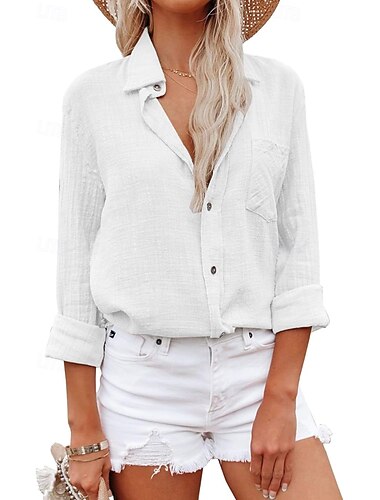  Dame Skjorte Bomulds Blanding Skjorte i bomuldshør Bluse Lomme Knapper Vanlig Basale Afslappet Langærmet Krave Almindelige toppe Daglig Ferie Hvid Grøn Kakifarvet Beige Sommer