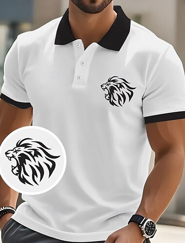  Herren Tiermotiv Löwe Polo Kurzarm Polo-Shirts Hemden mit Kragen Lässig Schule Outdoor Athleisure Alltagskleidung 3D-Druck Sommer Weiß Rosa Blau