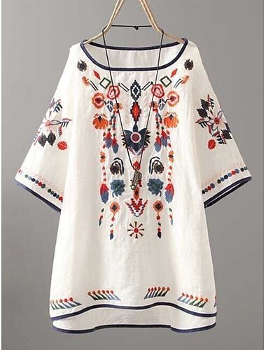  Damen Bluse Blumen Bohemien Basic Lässig Halbarm Rundhalsausschnitt Normale Oberteile Täglich Bestickt Weiß Gelb Rote Sommer