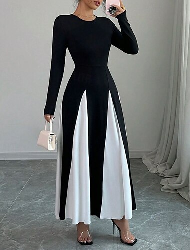  Femmes Robe Longue Maxi Robe Robe de remise des diplômes Robe Décontractée Mode Moderne Extérieur Vacances Quotidien Coupe régulière Bloc de Couleur manche longue Col ras du cou Noir Été Printemps