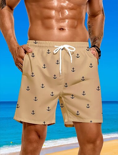 Herren Nautisch Anker Badehosen Badeshorts Boardshorts Mittlere Taille Streetwear Hawaiianisch Strandurlaub Seitentaschen Netzfutter Elastischer Kordelzug in der Taille Designer Bekleidung