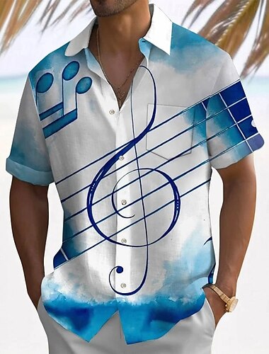  Voor heren Gitaar Muziek noten Overhemd Zomer overhemd Overhemd met knopen Korte mouw Mode-casual Buiten Vakantie Dagelijks gebruik Zomer Lente Strijkijzer 3D-afdrukken shirts met kraag Voorste zak