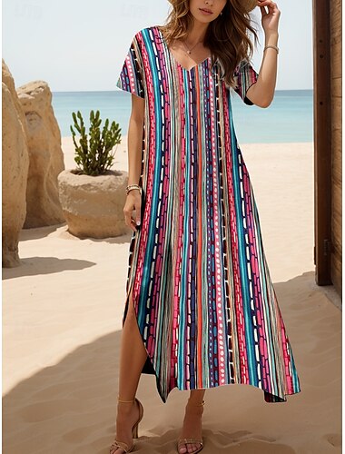  Damen Maxikleid T-Shirt-Kleid Sommerkleid Shiftkleid Bohemien Ferien Normale Passform Grafik Gestreift Abstrakt Kurzarm Rundhalsausschnitt Regenbogen Sommer Frühling