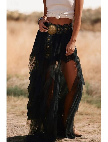  Dames Rok Casual Maxi Medium taille Rokken Effen Ruche Micro-elastisch Vakantie Straat Zwart Zomer Polyester